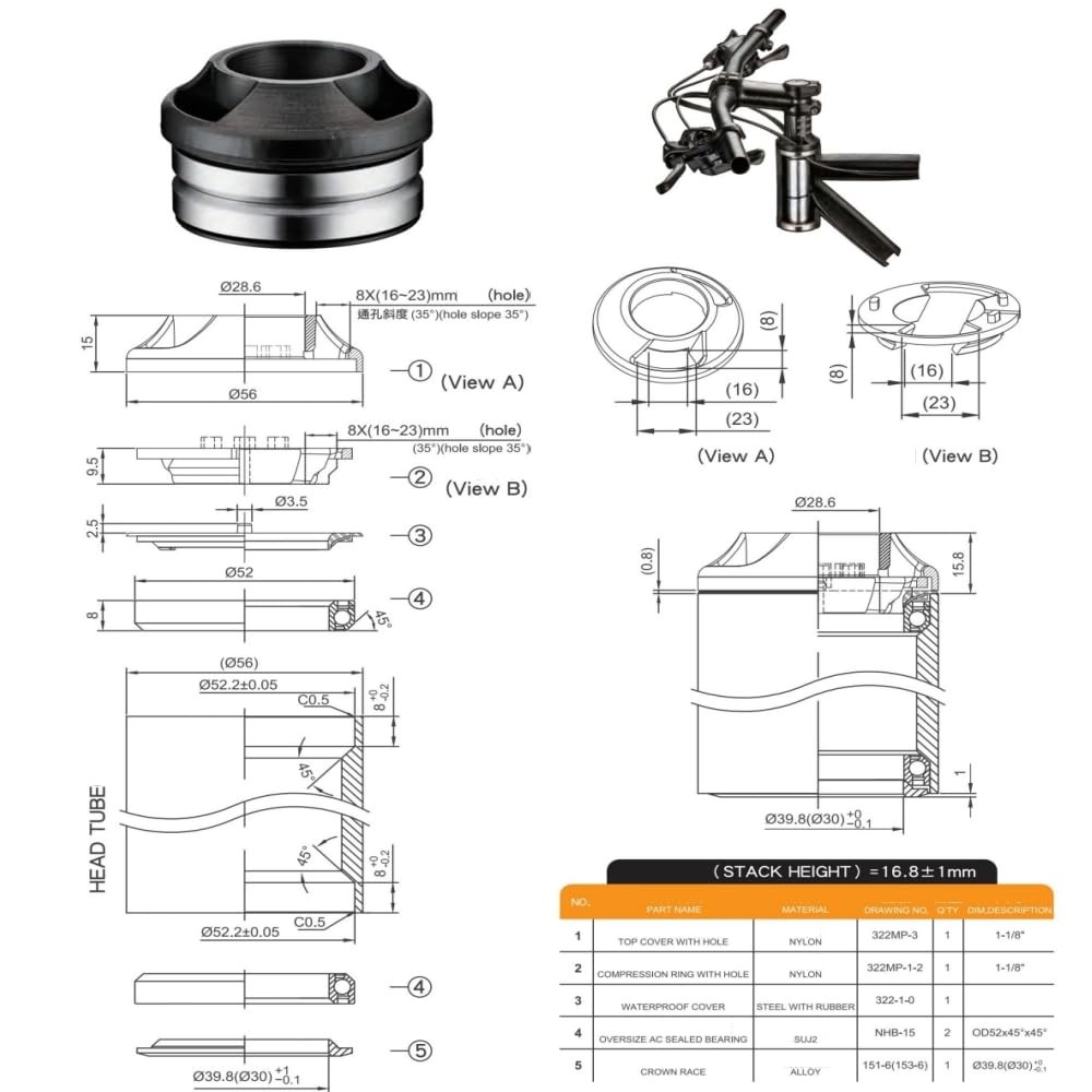 Integrated Cable Routing Threadless Headset 52mm Bike Frame Bearing Parts