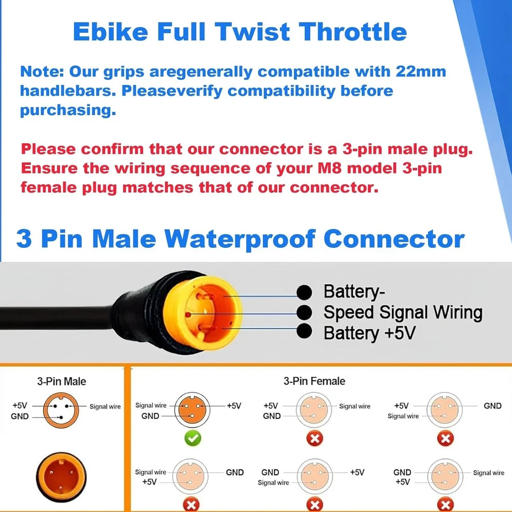 Ebike Full Twist Throttle for Macfox, 3 Pin Surron Style Throttle Grip Kit 12V-7