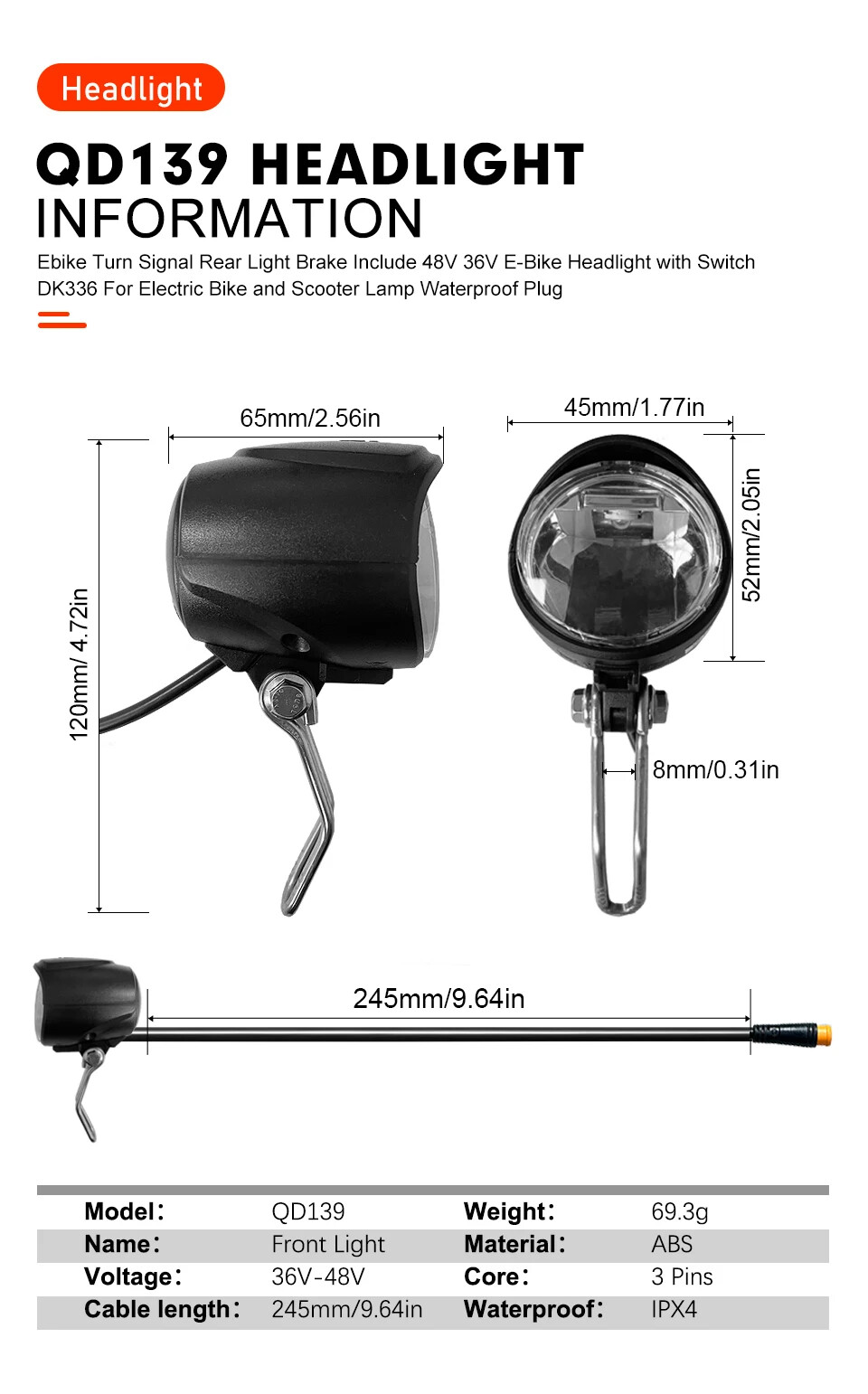 Electric Bike Waterproof Headlight and Rear Light Set 36V/48V DK336 Switch Cable