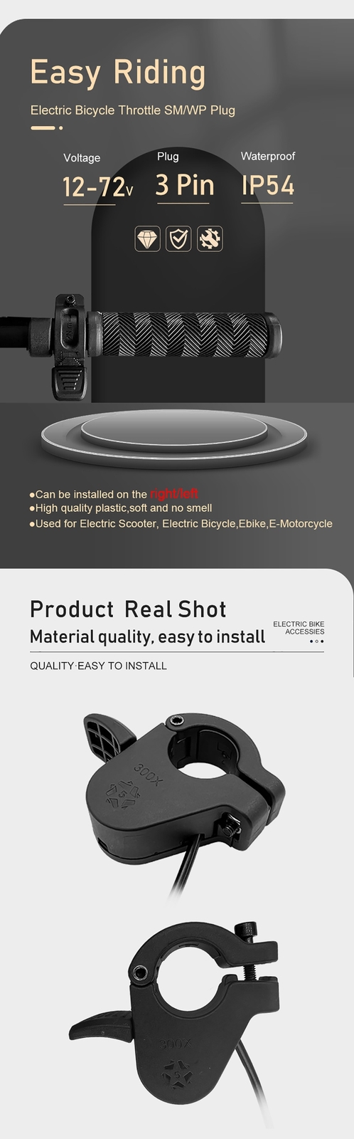 E-bike Thumb Throttle 3Pin Waterproof SM Connector Electric Scooter Accelerator