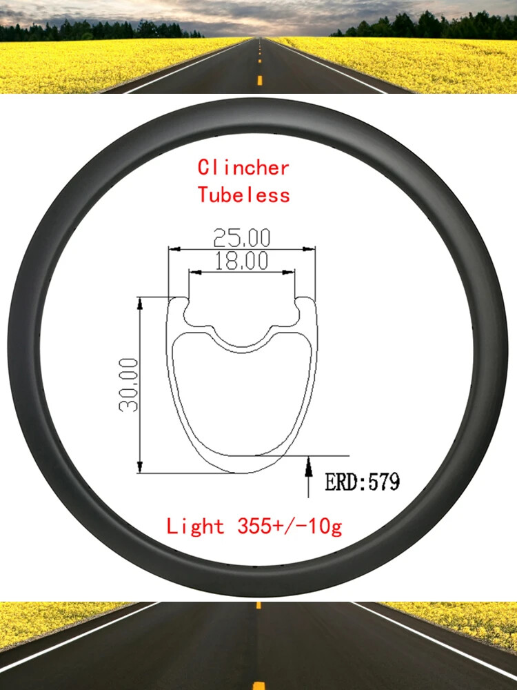 700C 30*25mm Road Bike Carbon Rim Disc or V Brake Tubeless UD 3K 12K 16-36 Holes