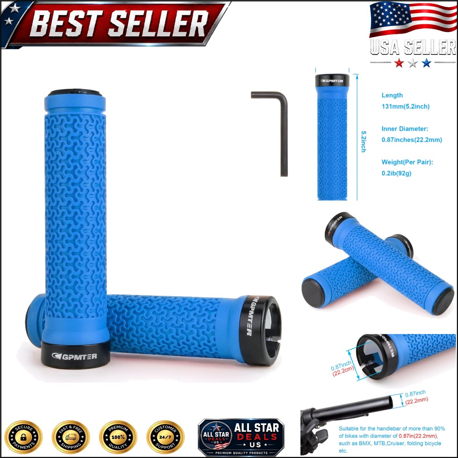 Soft Touch Rubber Bike Handlebar Grips – Lock-On, 131mm, All-Weather Grip