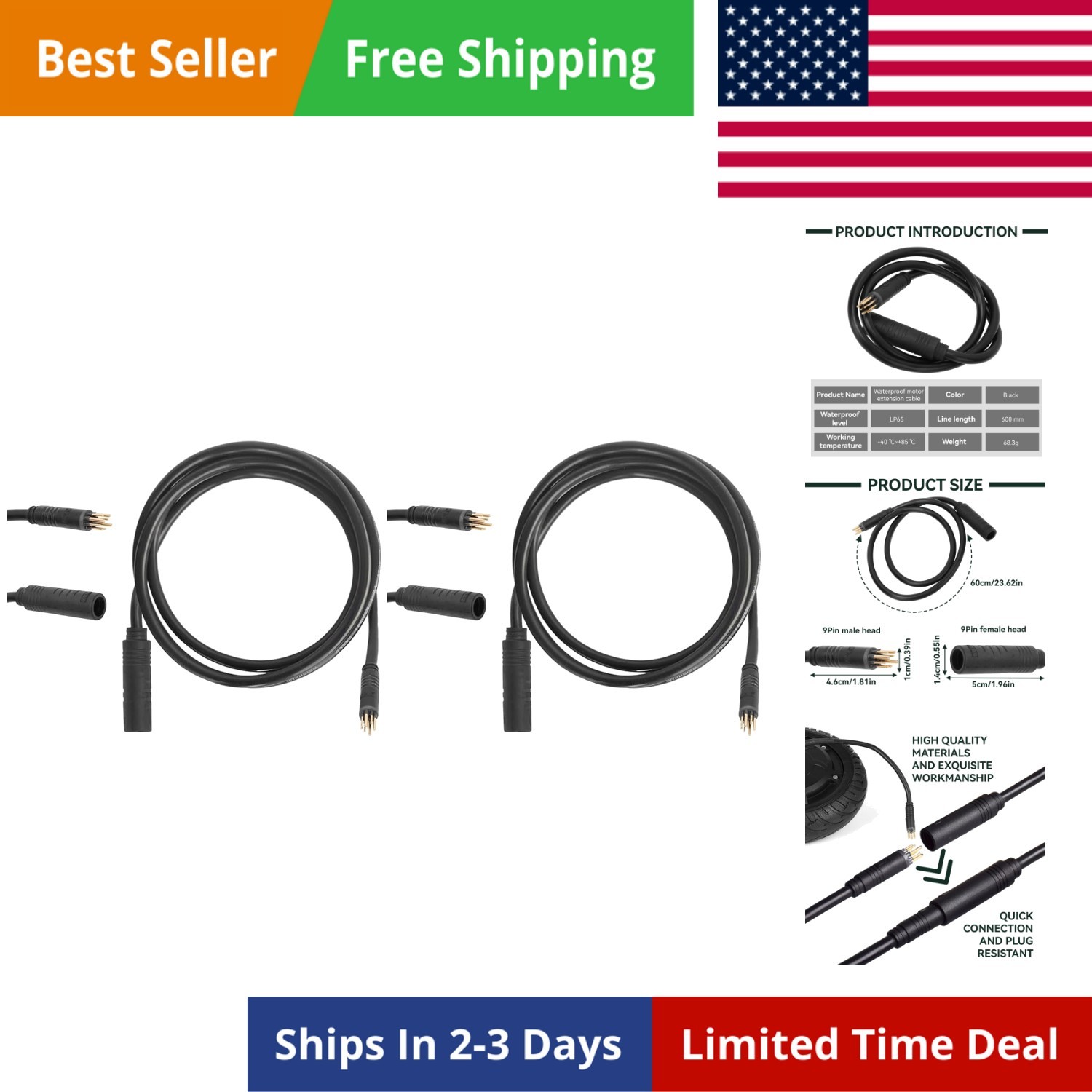 9 Pin E-Bike Motor Extension Cable, Waterproof Wheel Motor Extension Cable fo…