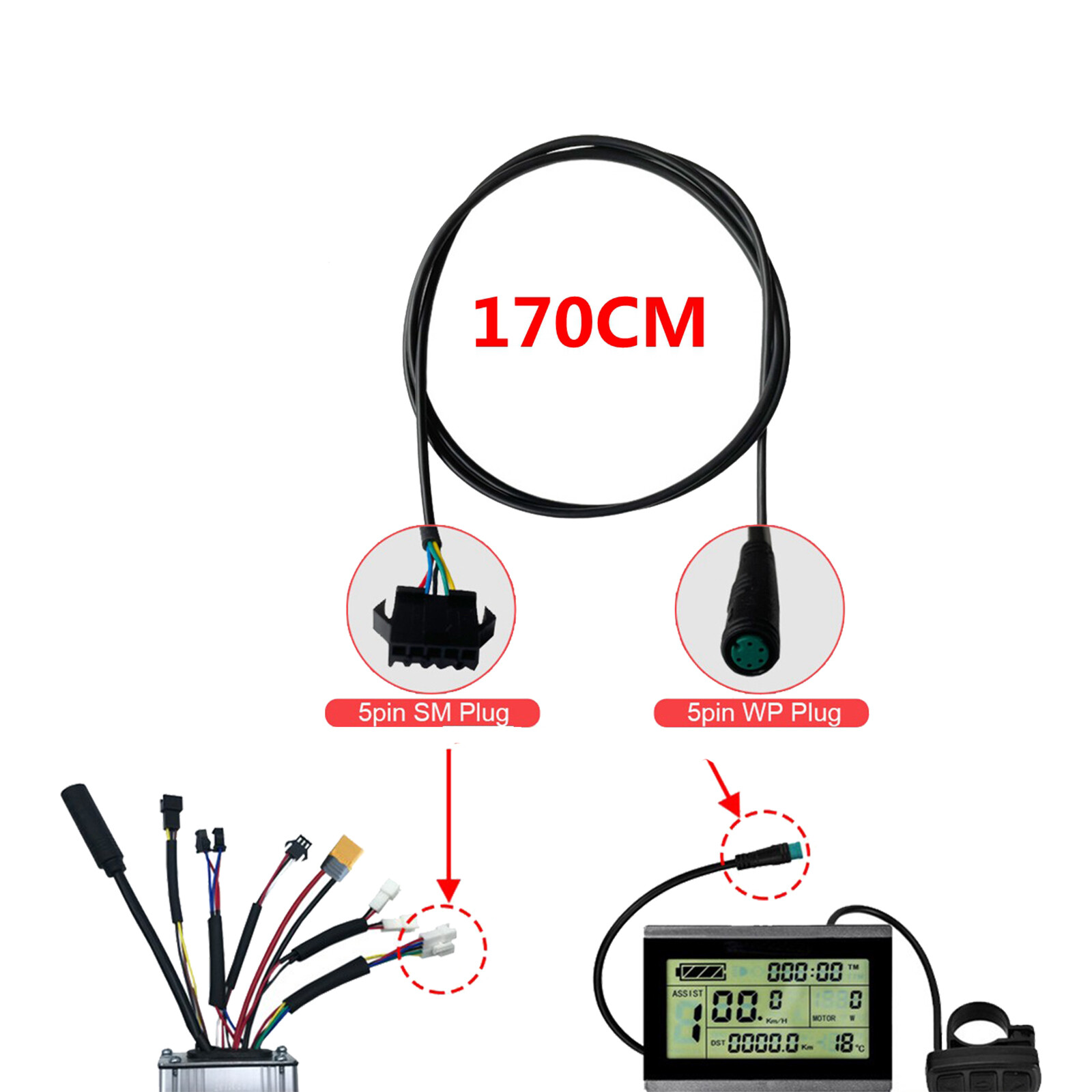 E-bike KT Display Extension Cable 5pin Waterproof to SM Plug Adapter Cable