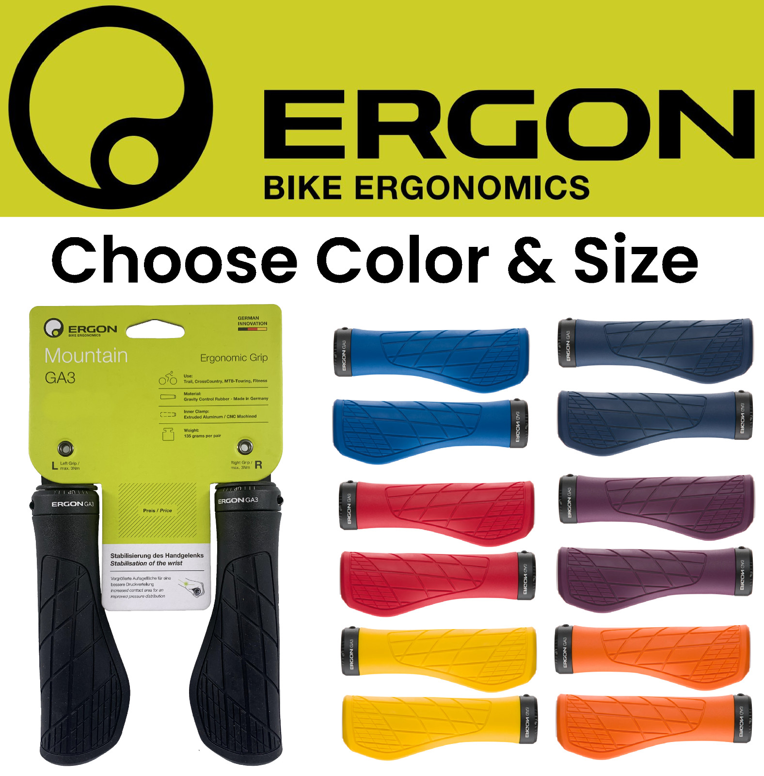 Ergon GA3 Gel Ergonomic Bike Lock-On MTB Grips Nerve Comfort Pick Size &Color