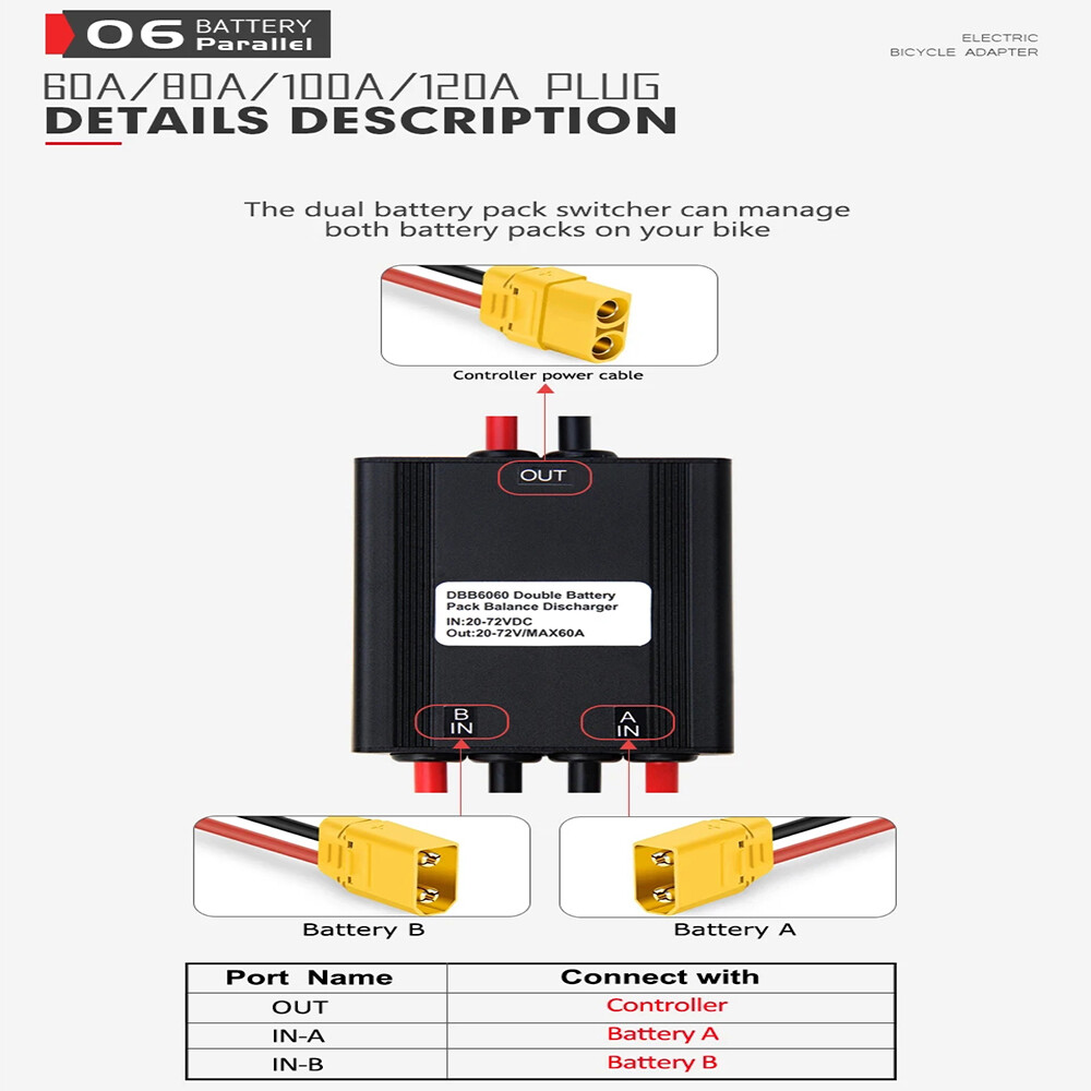 20V-100V 60A/80A/100A/120A XT90 plug Dual Battery Connection Adapter for E-Bike