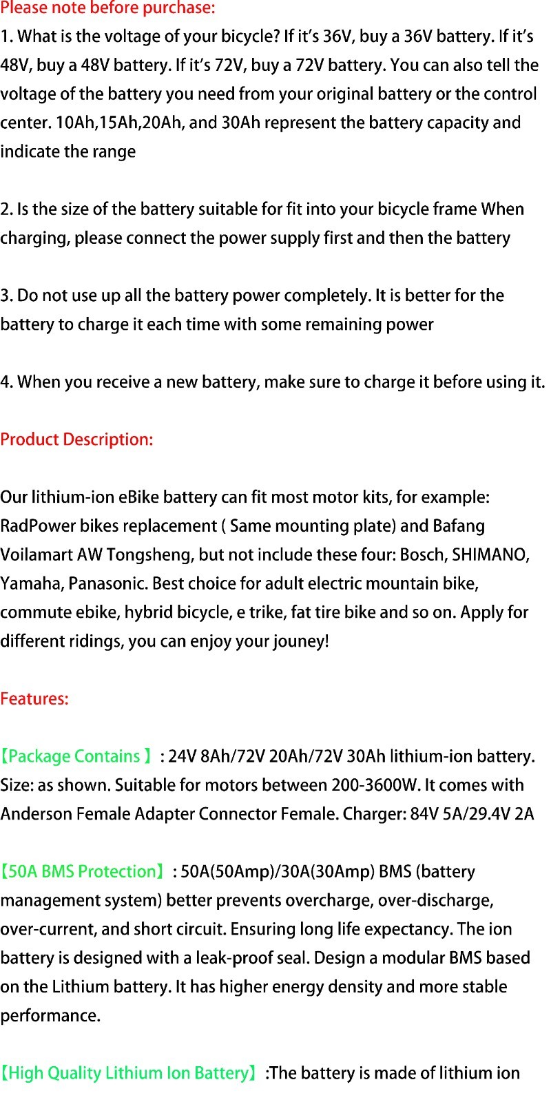 72V 50A BMS 200W-3600W ebike battery Lithium Electric Bike Scooter Battery Pack