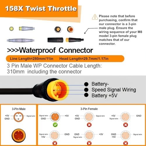 Ebike Half Twist Throttle 3 Pin Waterproof 12V 24V 36V 48V 60V 72V For 22mm