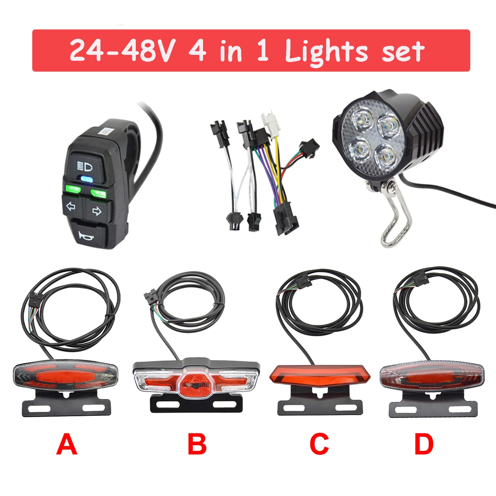 4-in-1 eBike LED Light Kit with Horn Turn Signals 24V-48V Waterproof Universal