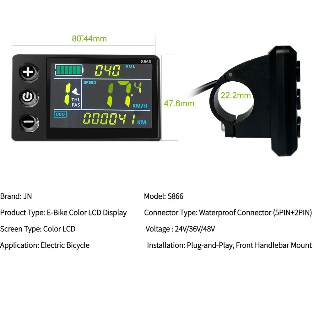 S866 E-Bike Color LCD Display 24V-48V SM/Waterproof Plug Essential Bicycle Part.