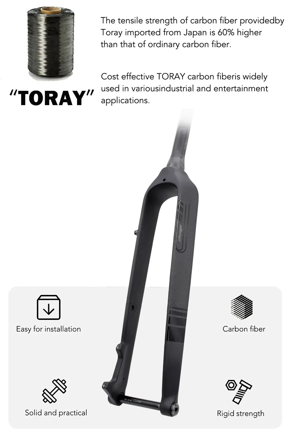 Full Carbon MTB Rigid Fork 26 27.5 29er Straight Tapered Tube 15*100mm Thru Axle