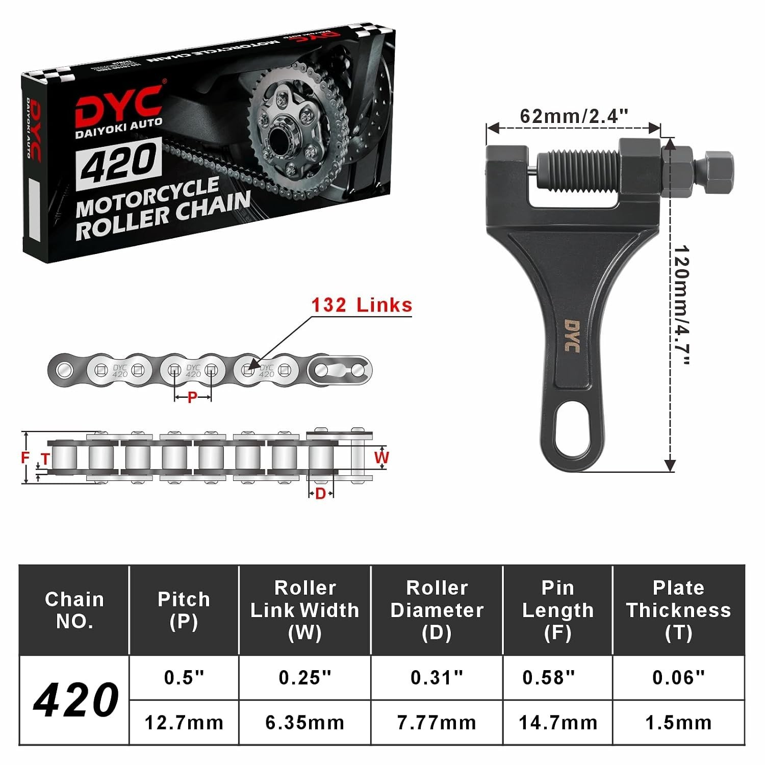 DYC 420 Chain 132 Links with 5 Master Links and Chain Breaker Tool | Cut to f…