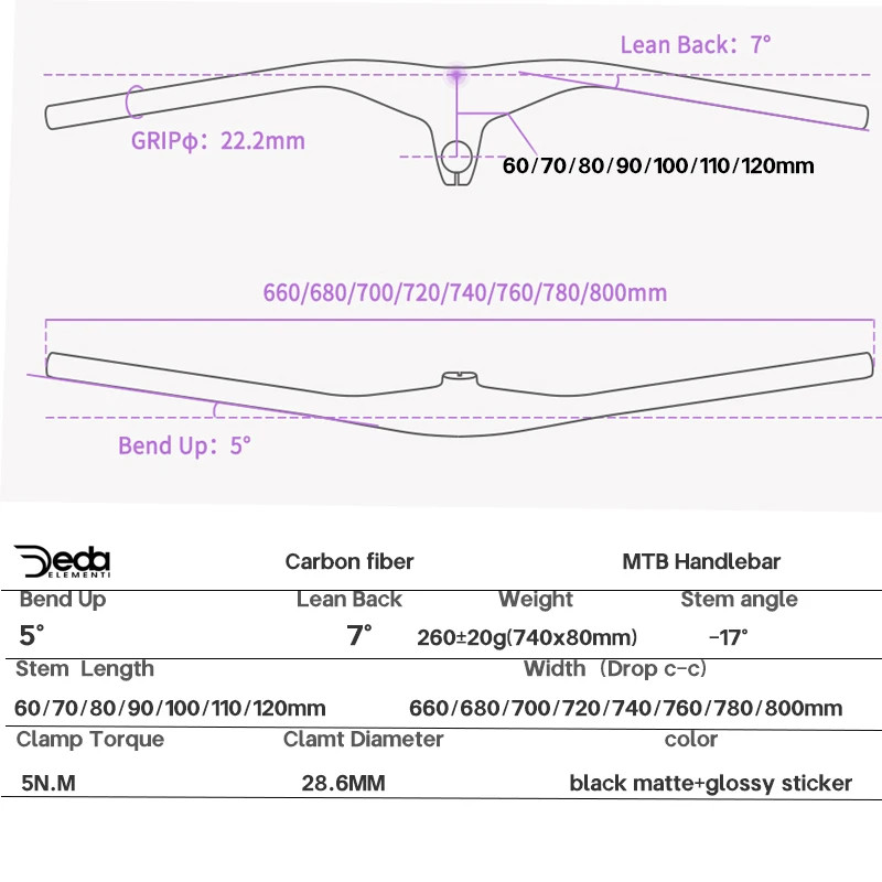 Mountain Bike Handlebars -17 Degree Carbon Integrated Riser Bar For 60-120mm