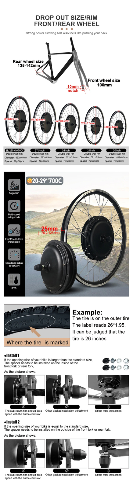 52V 2000W MTB Electric Bike 20-29inch 700C Brushless Rear Rotate Hub Motor Wheel