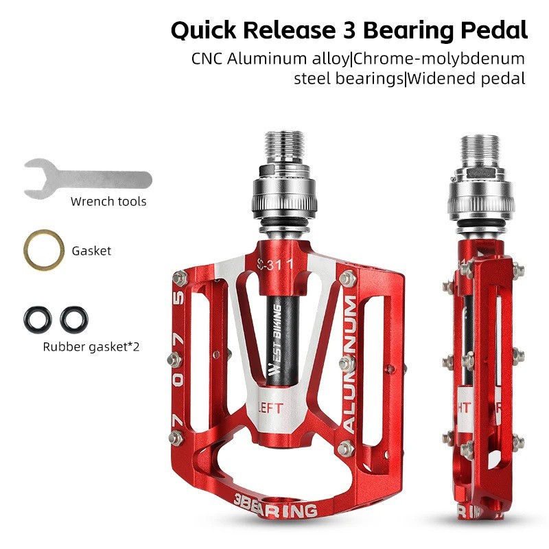 WEST BIKING MTB Bike Bicycle Pedals Quick Release 3 Sealed Bearings 9/16″ Red