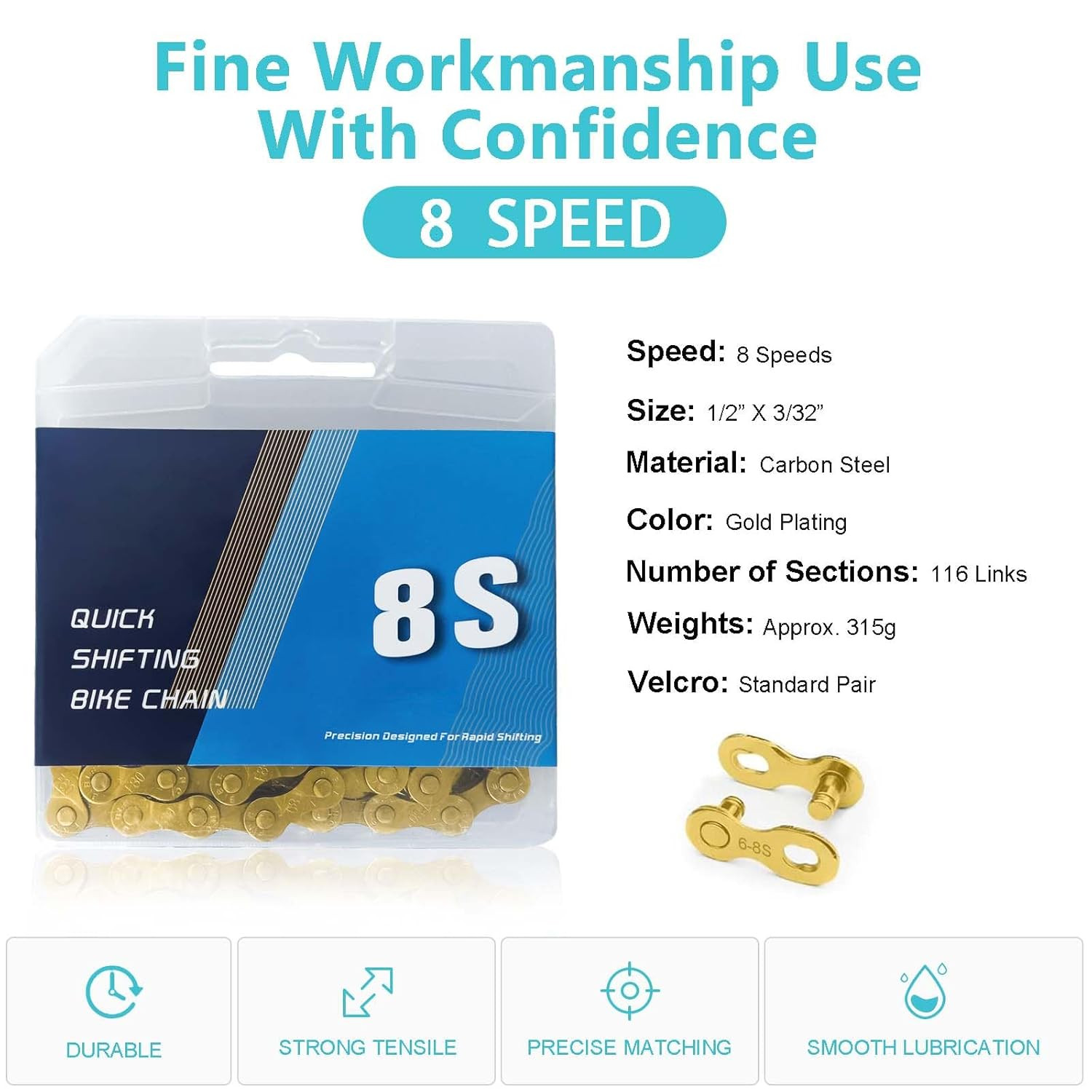 Gold Bike Chain 6/7/8 Speed Bike Chain,1/2 x 3/32 Inch,116 Links, Alloy Steel,Tr