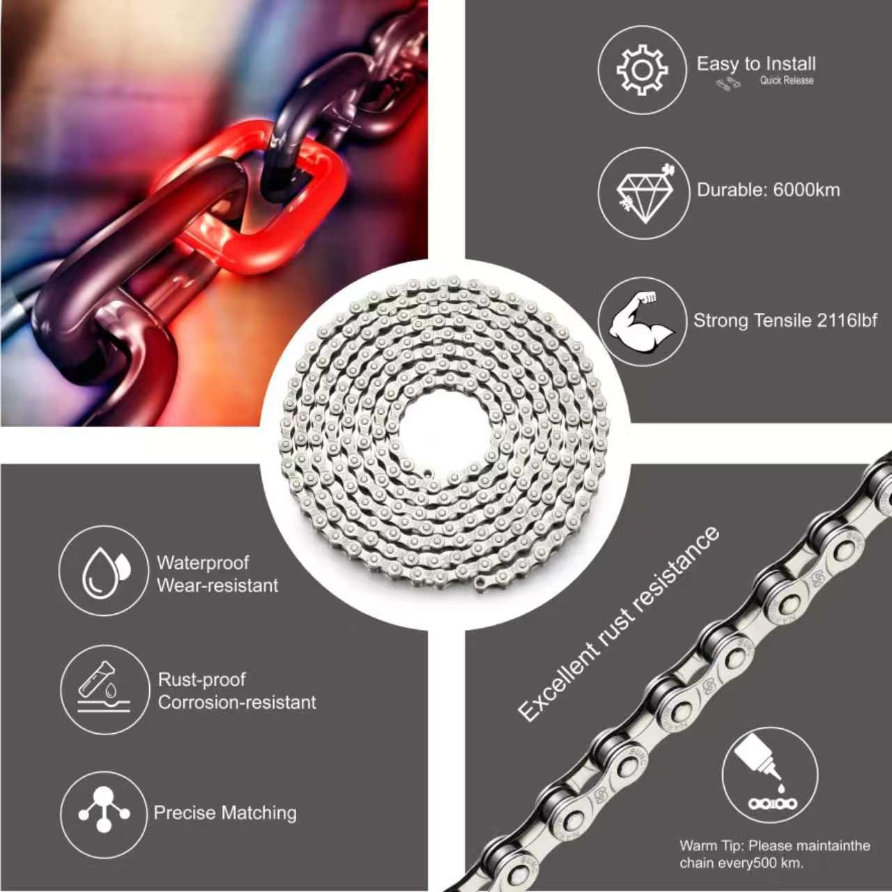 Bike Chain 6/7/8 Speed 126 Links, Chain Bike Replacement Kit with Bike Chain Too