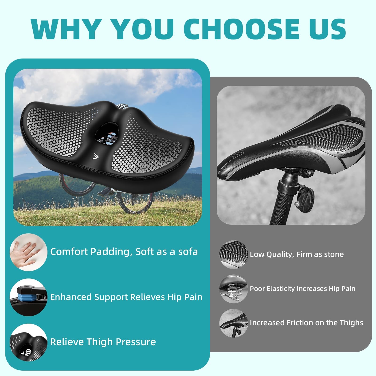 Wide Noseless Bike seat Cushion for Men Women Memory Foam Filling Black