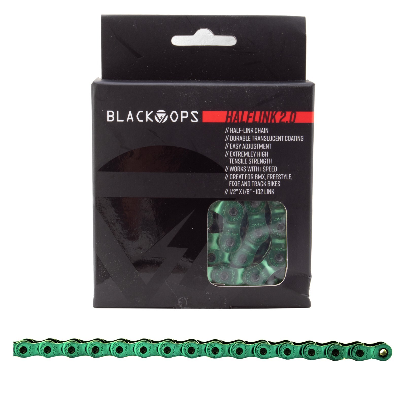 Black Ops Half Link 2.0 Translucent Green Solid Pin BMX Chain 1/2 x 1/8