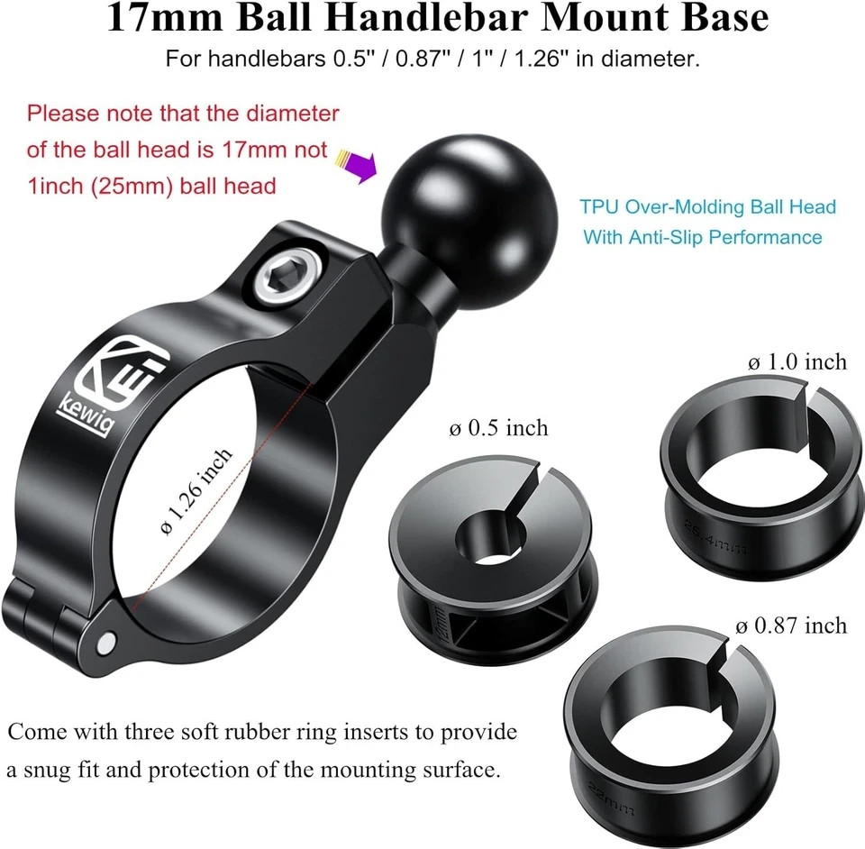 Aluminum Alloy Handlebar Clamp Mount Base with 17Mm TPU Ball for round Rails Dia