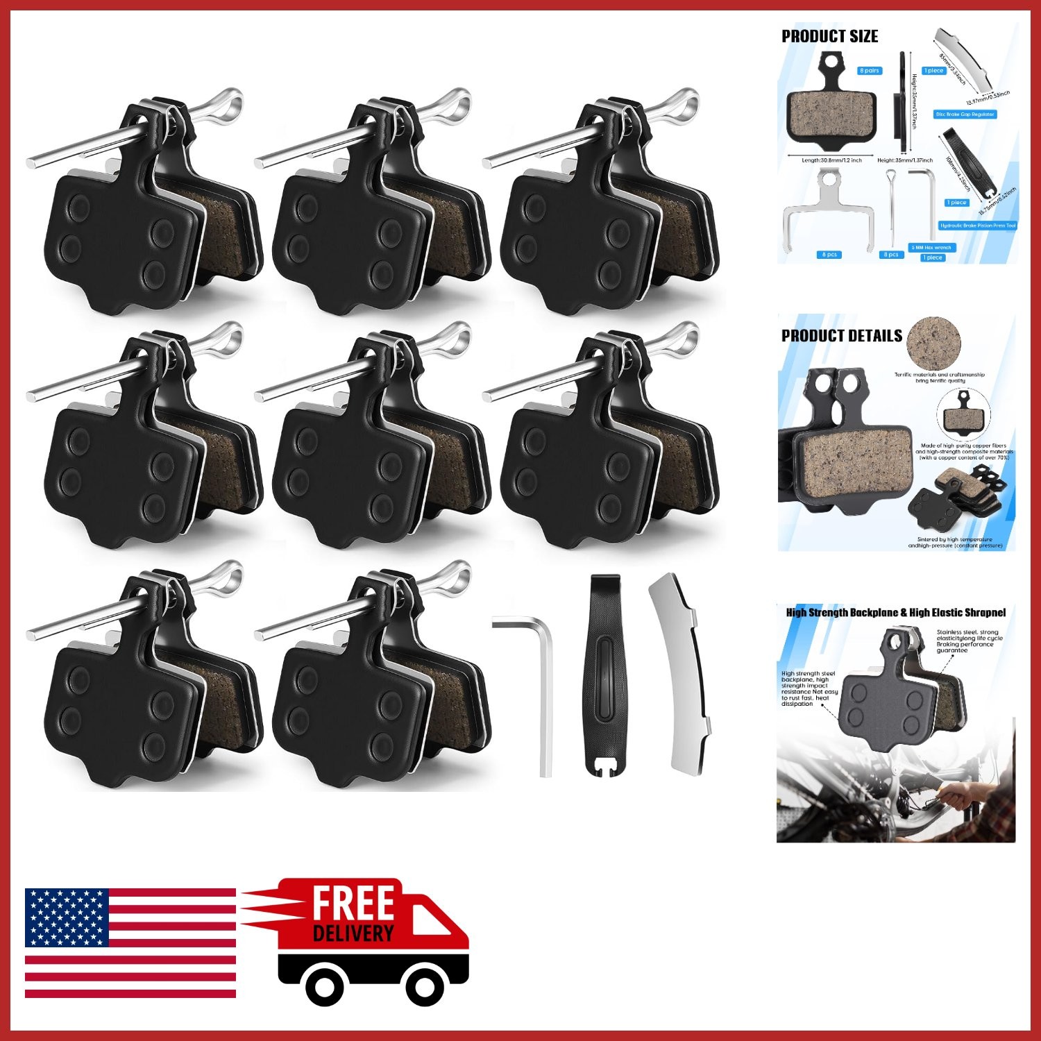 Semi-Metallic Bike Brake Pads 8 Pairs for Avid Elixir with Installation Tools
