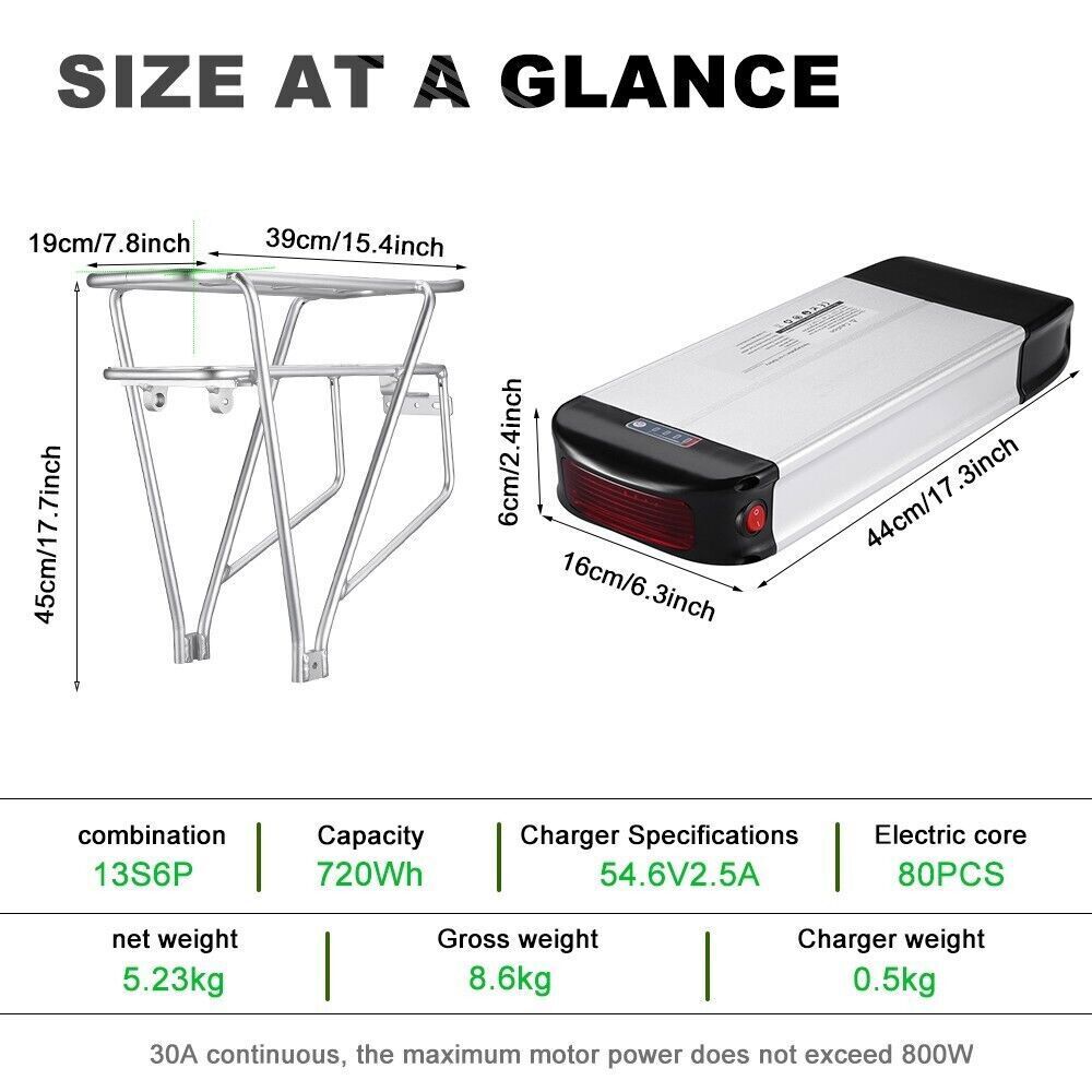 36V 20Ah Rear Rack Lithium Battery for Electric Bicycle Battery Pack Replacement