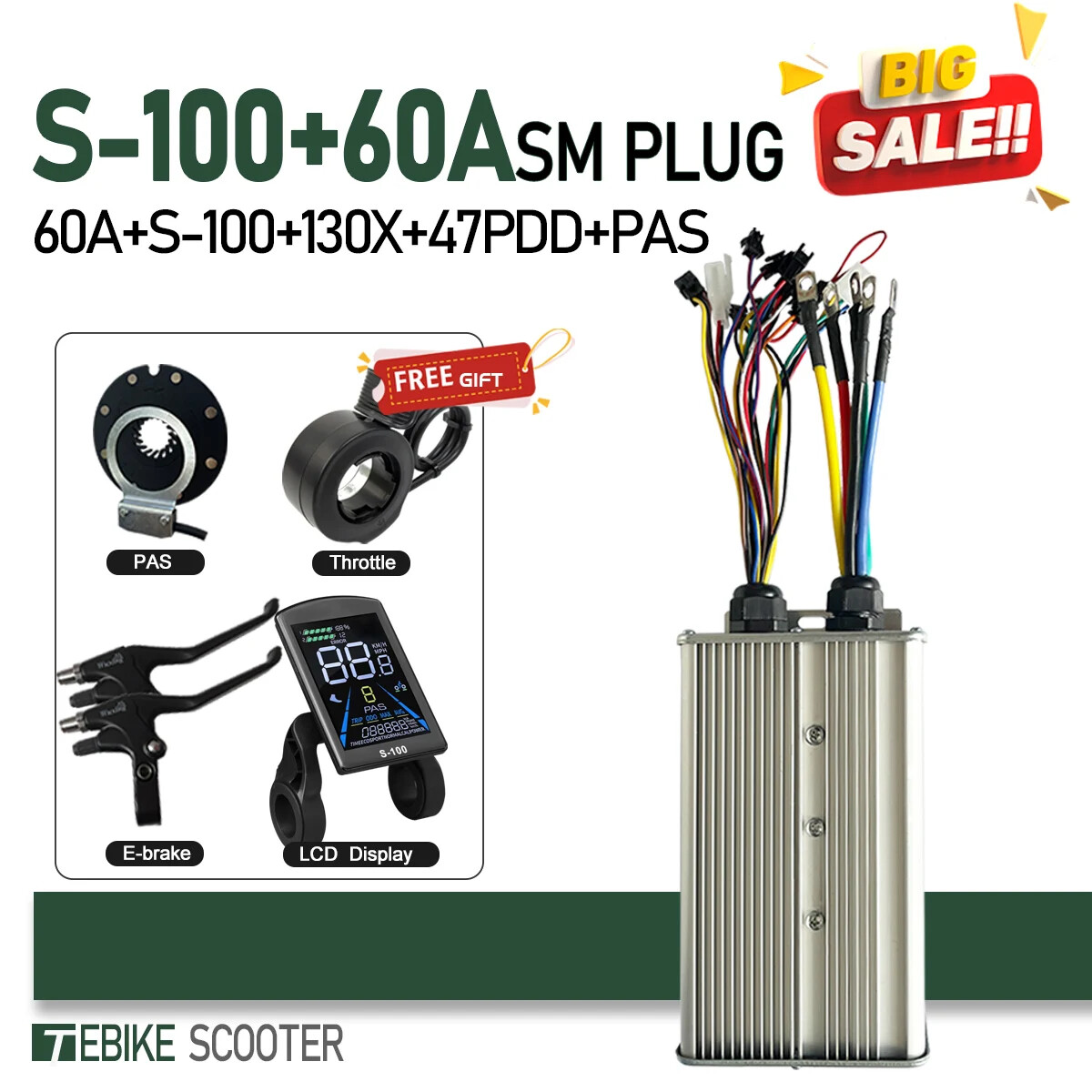 E-bike Controller 48V 52V 60V 72V 60A Sinewave Dual Mode Controller Hub Motor