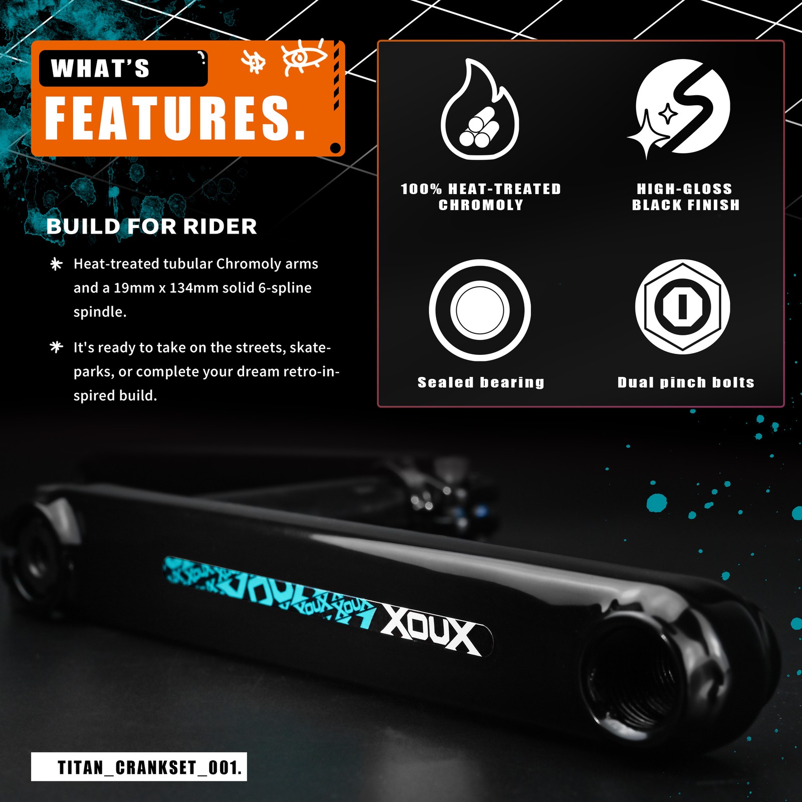 XOUX TITAN BMX Crankset 3pc 180mm Gloss Black Cr-Mo Cranks 19mm Spindle + BB