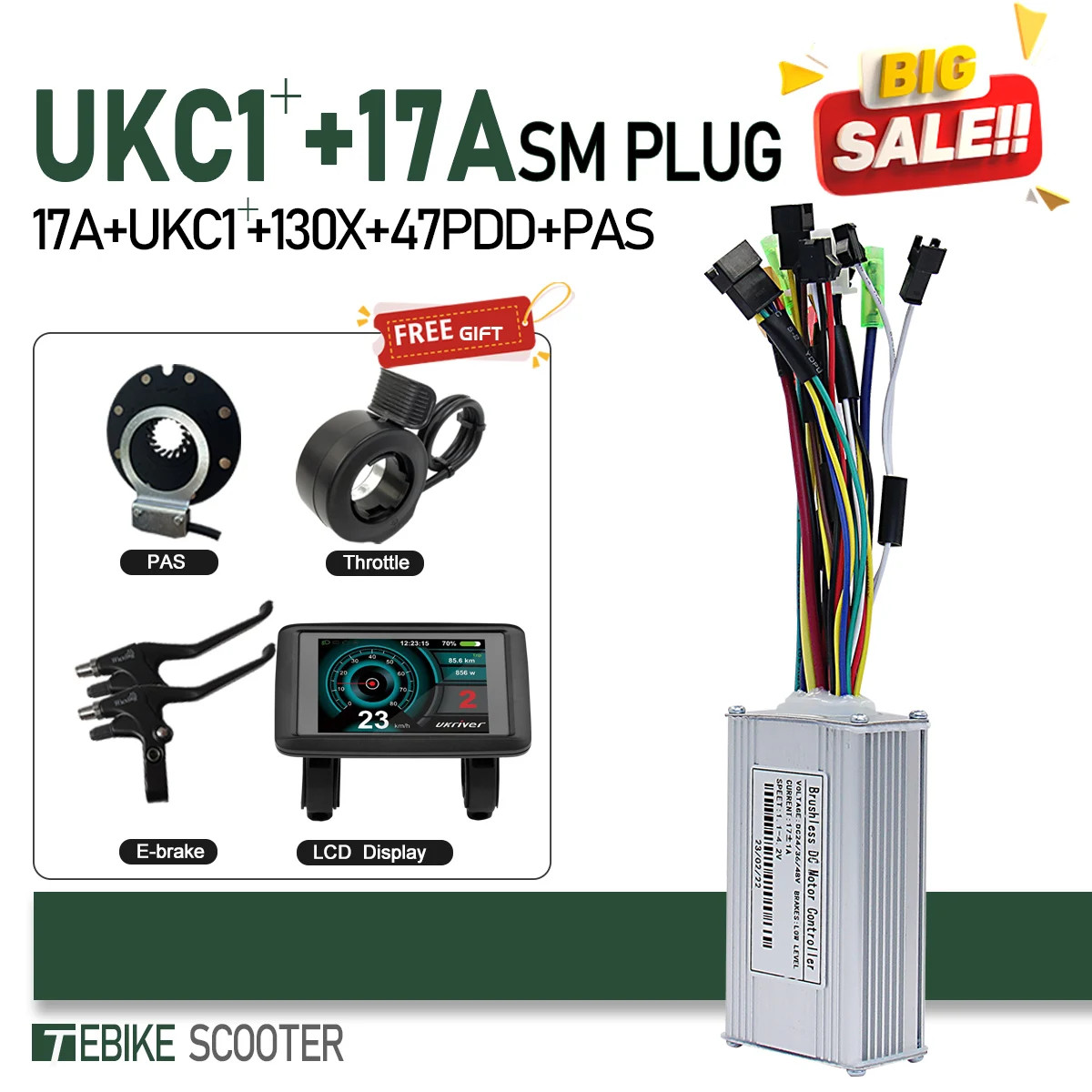 Ebike 3-Mode SineWave Controller 17A 26A 30A 40A with LCD UKC1 Display 1T5 Cable