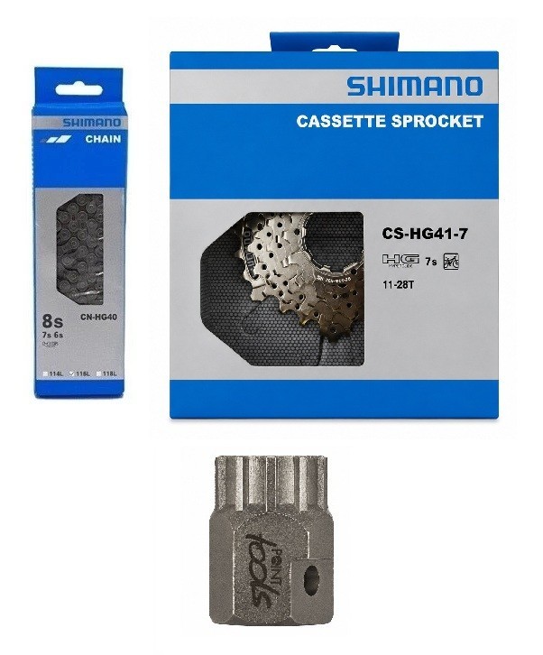 Shimano 7 Speed Wear Set HG40 Chain with HG 41 Cassette 11-28T and Puller