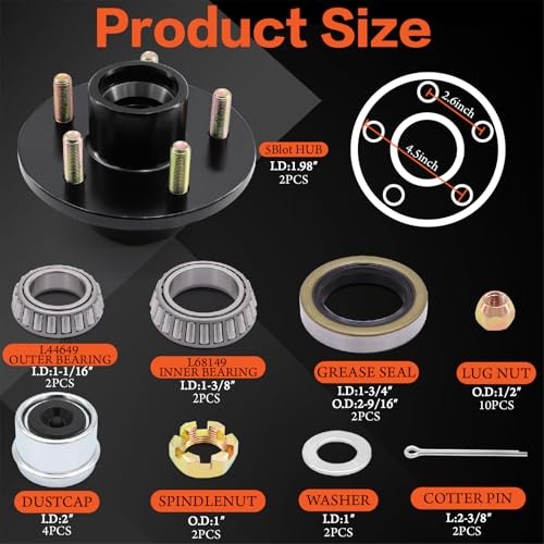 2 Sets Trailer Wheel Hub Kit 5 Bolt 4.5 inch,5 Lug 3500 lb Axle Kit with Dust