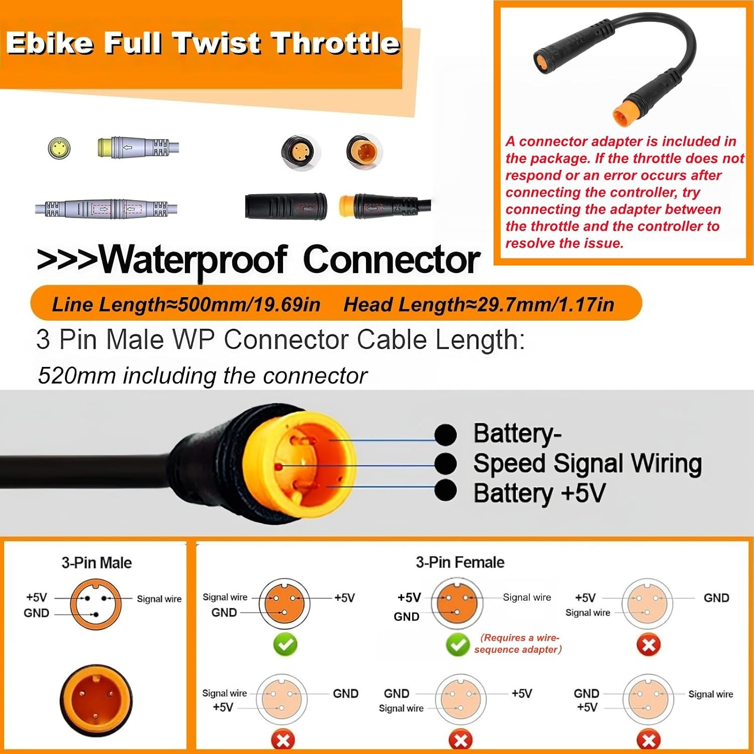 Ebike Full Twist Throttle, 3 Pin Surron Style Ebike Throttle Kit 12V-72V | 22Mm