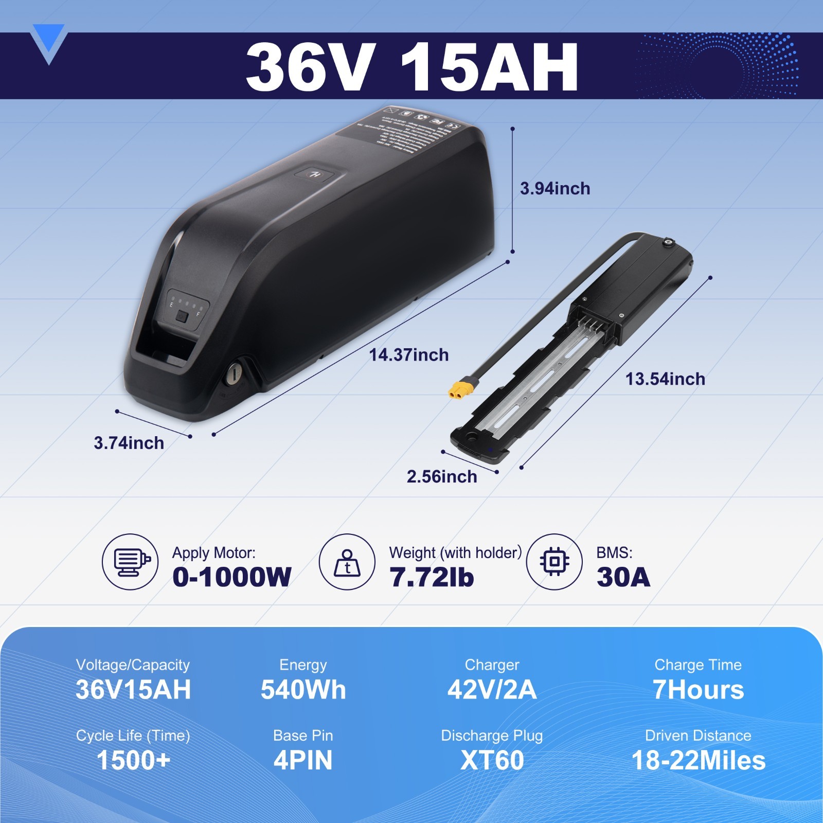 48V/36V 10Ah/15Ah ebike battery Li-ion for electric bicycle 0-1500W Motors, 4PIN