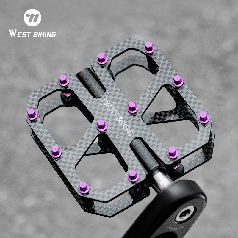 WEST BIKING Carbon Fiber Road Bike Pedals 3 Bearings Titanium Axis Pedals Purple