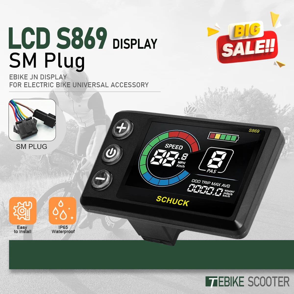 E-bike Display LCD S869 24V/36V/48V/52V/60V/72V SM/Waterproof Plug Display