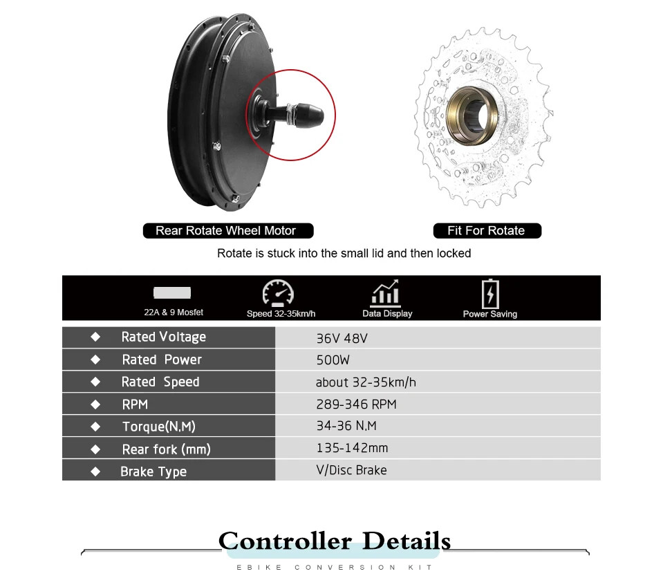 36V 48V 500W Rear Rotate Brushless Gearless Hub Motor for E-bike Conversion Kit
