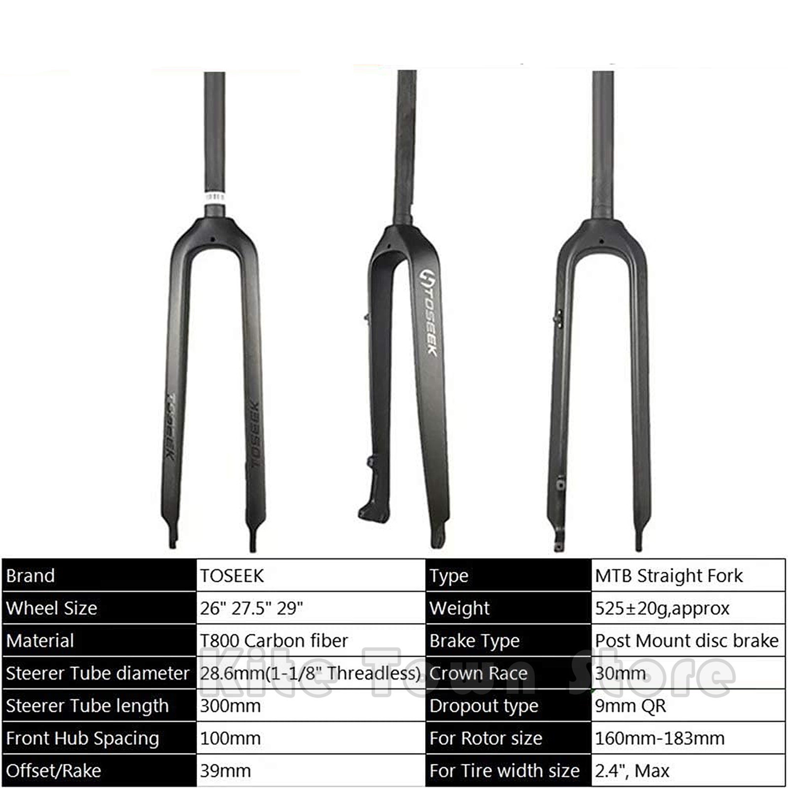 Tossek 1-1/8″ Full Carbon MTB Rigid Fork Disc Brake Straight Tube 26″/27.5″/29″