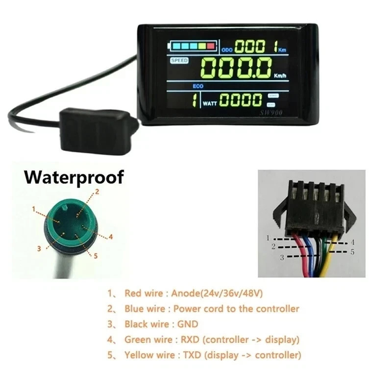 E-Bike SW900 LCD Display 24V/36V/48V/60V LCD Meter Panel Display SM/WP Plug
