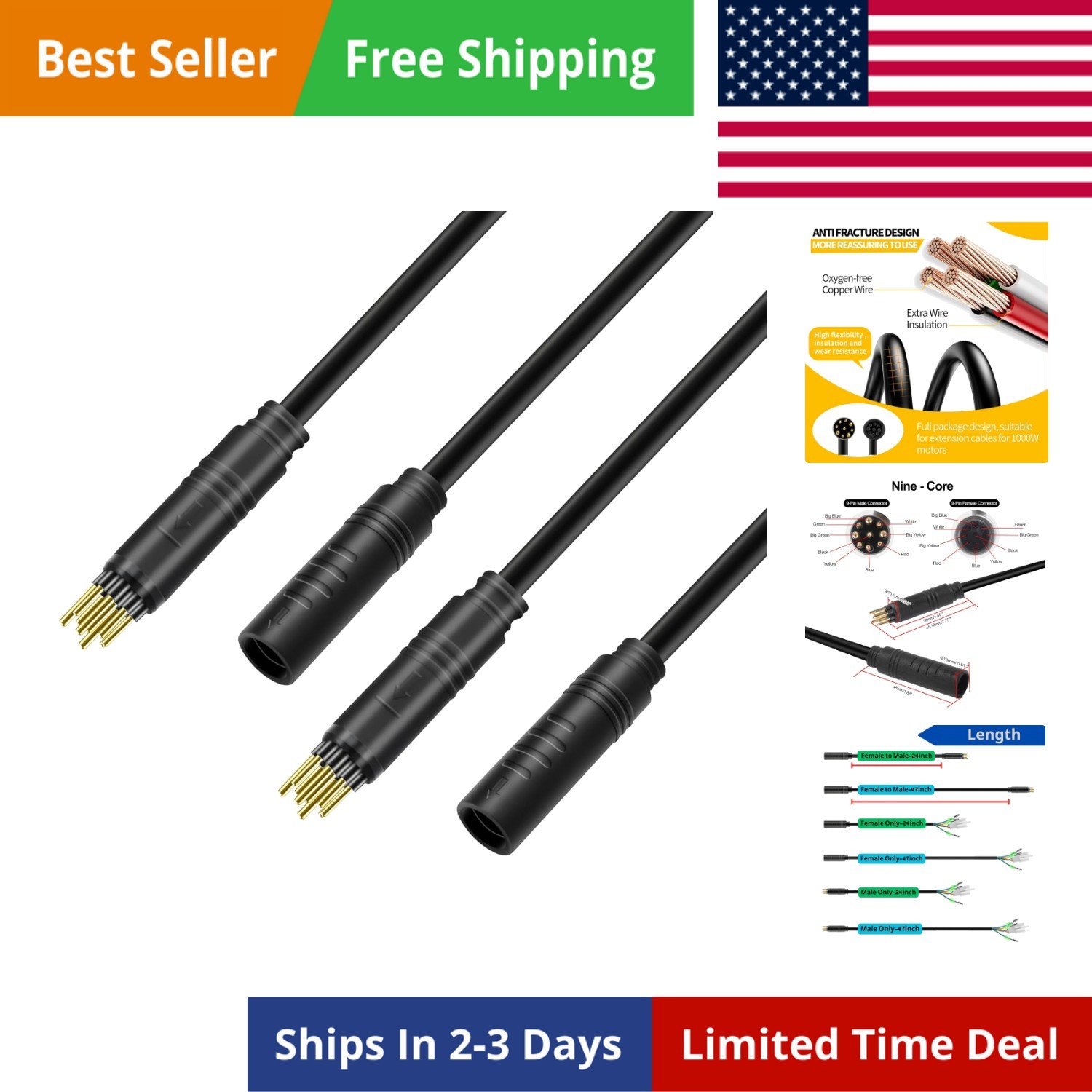 2PCS 9 Pin E-Bike Motor Extension Cable, Male & Female Waterproof Connectors,…