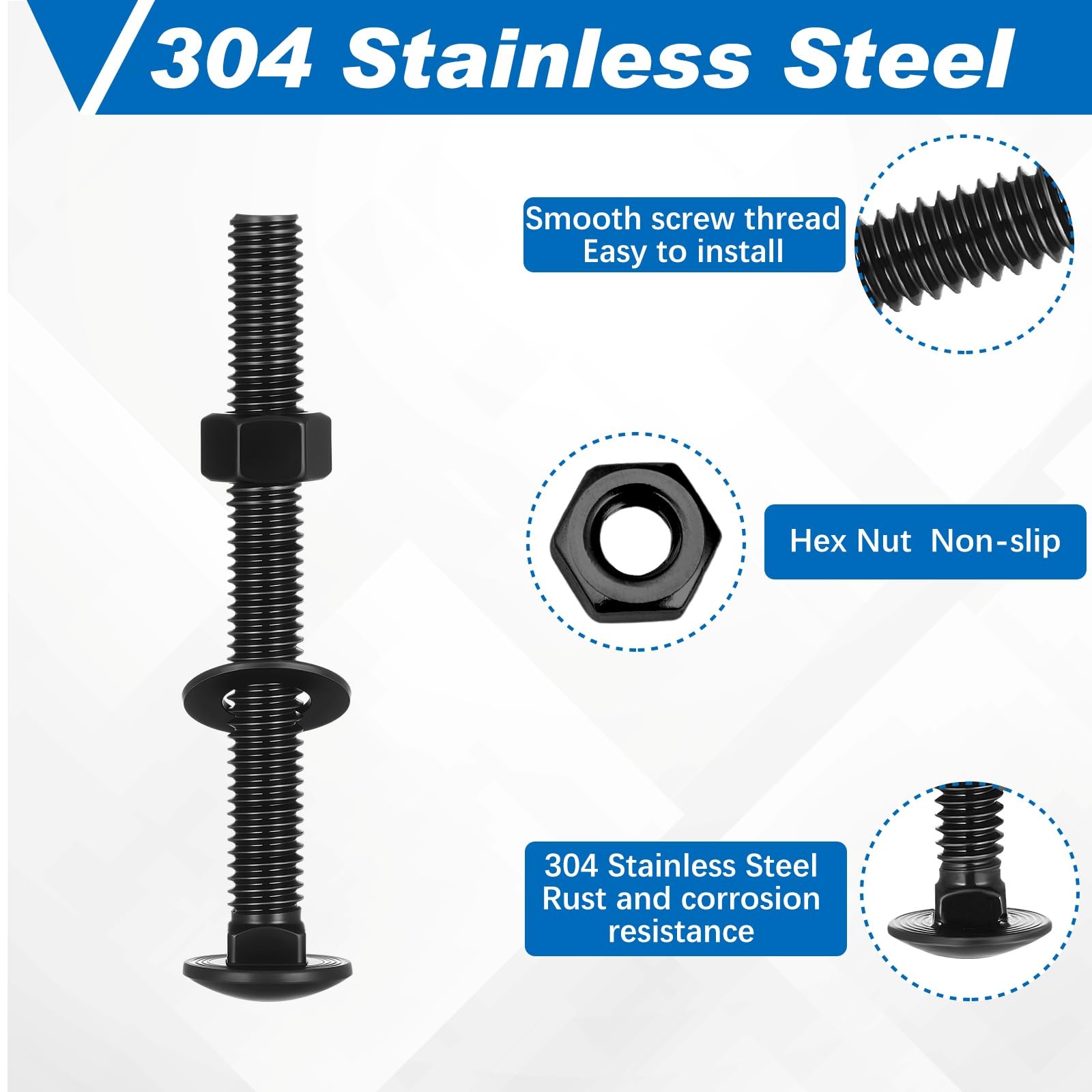 Zonon 50 Sets 1/4-20 x 2-1/2 Stainless Steel Carriage x 2-1/2″, Black