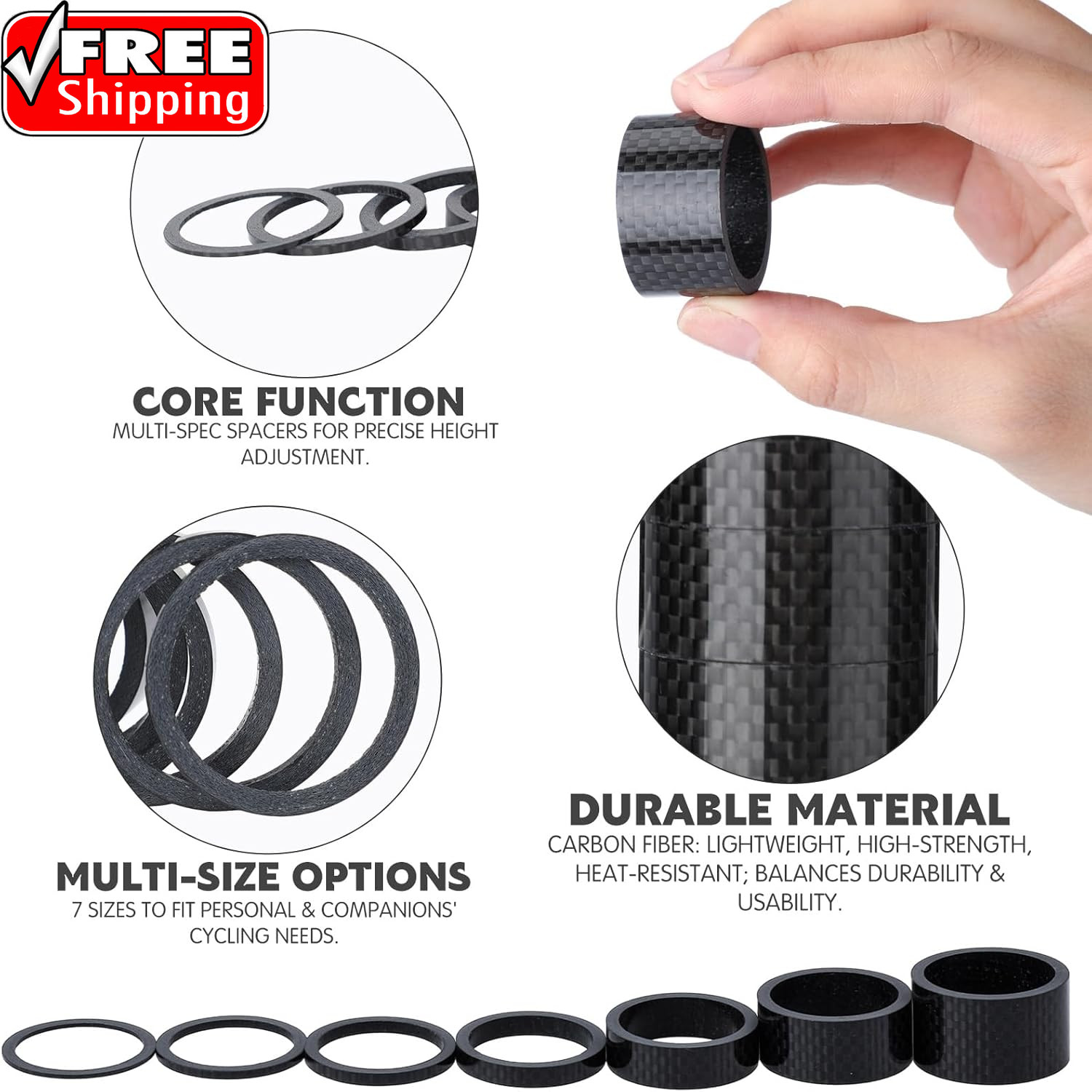 Bike Carbon Fiber Headset Spacer Bicycle 1-1/8 Inch 20 15 10 5 3 2 1 Mm, 7 Size