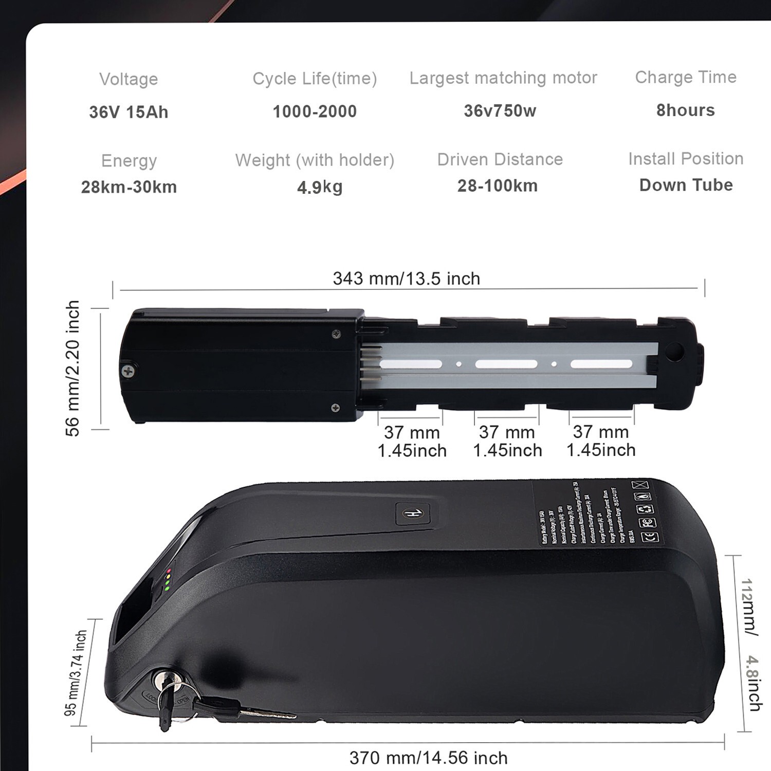 36V 15Ah Electric Bike Lithium Battery Ebike Battery w/Charger Lockable ≤1500W