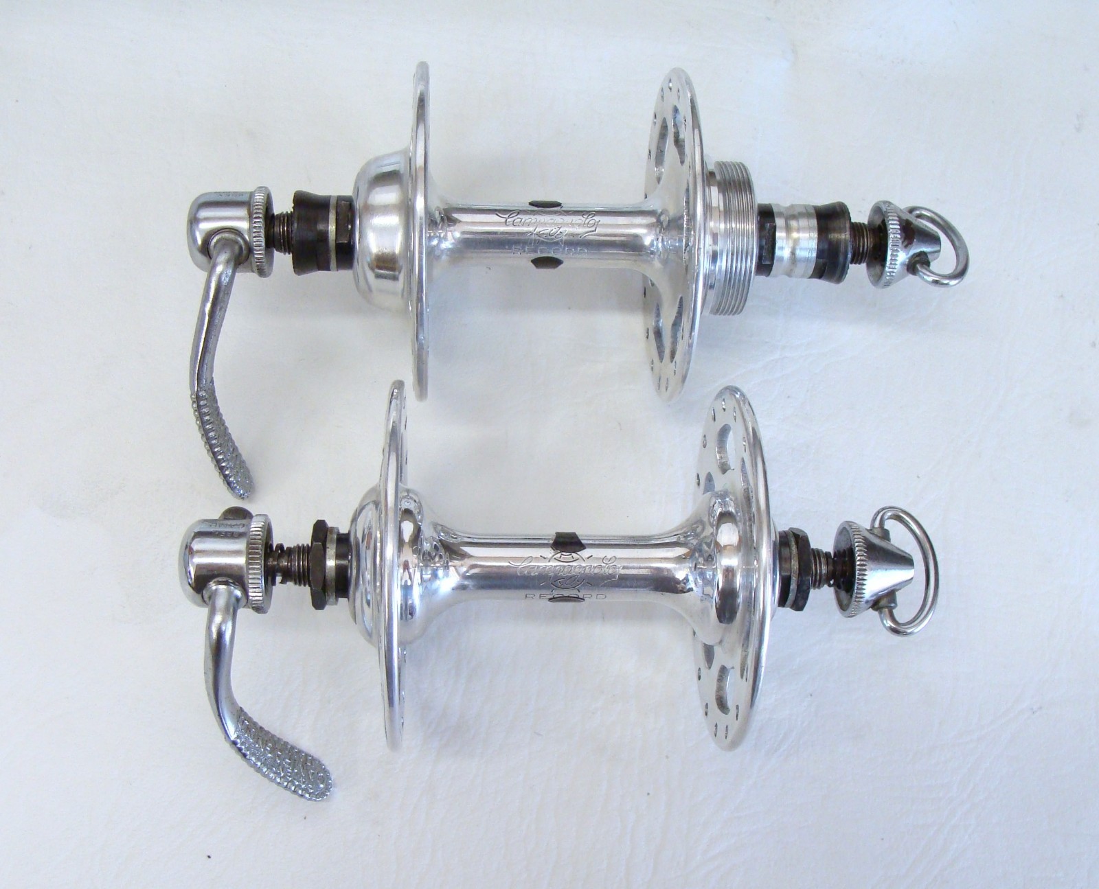 ~ 70’s Campagnolo Record High Flange Hub Set w/ Rare Curved Skewers 36H 126mm ~