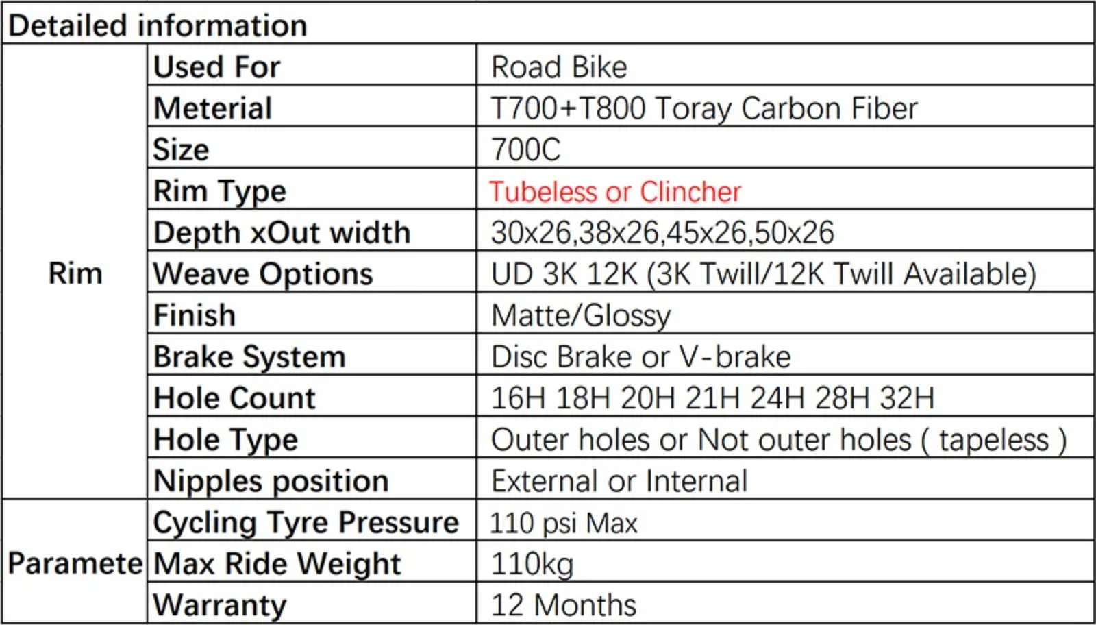 1 Pcs Road Bike Carbon Rim 26mm Wide Tubeless Clincher 30-50mm Depth 700c