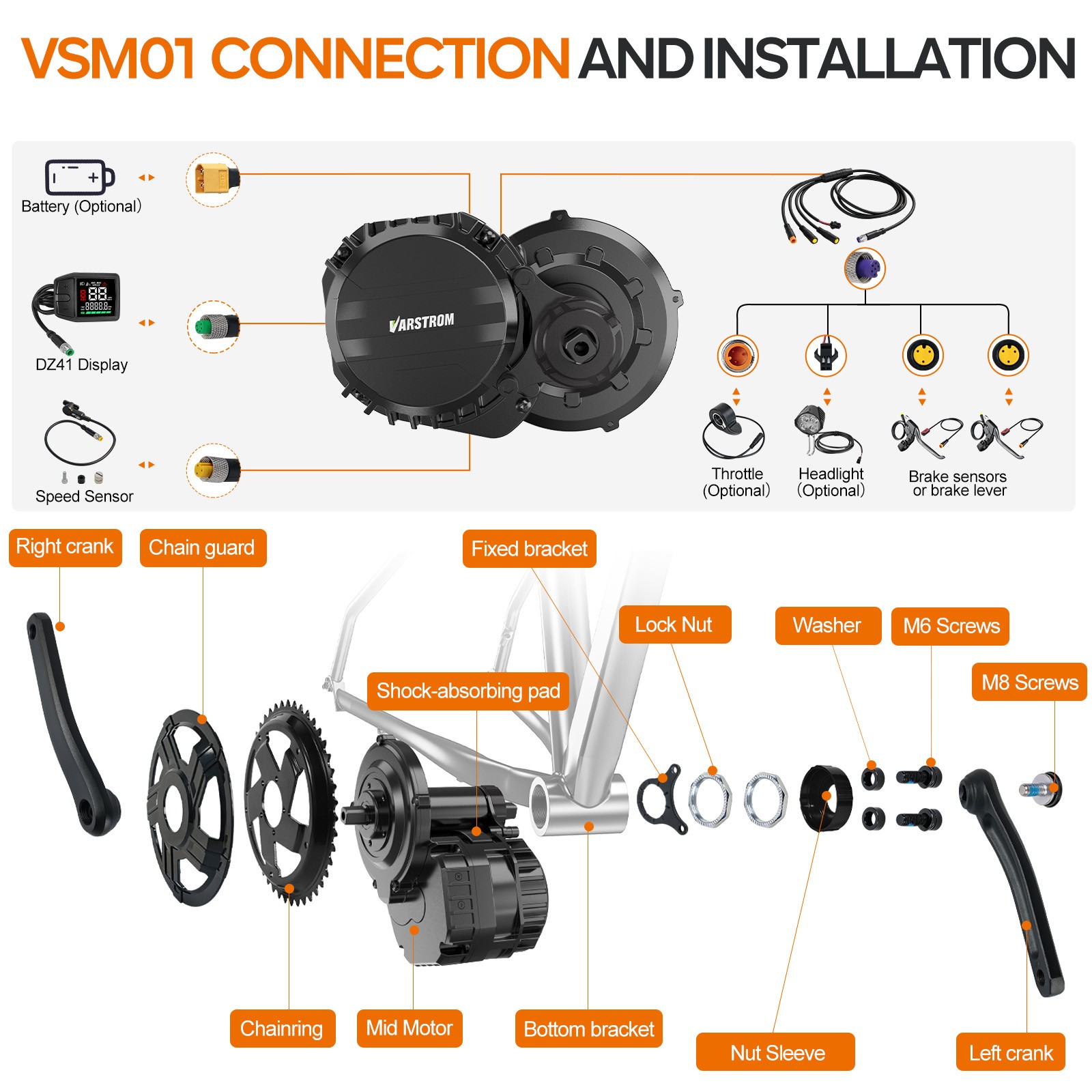 48V750W Varstrom Mid Drive Motor Kit 68-73mm EBike Conversion Kits DZ41 Display