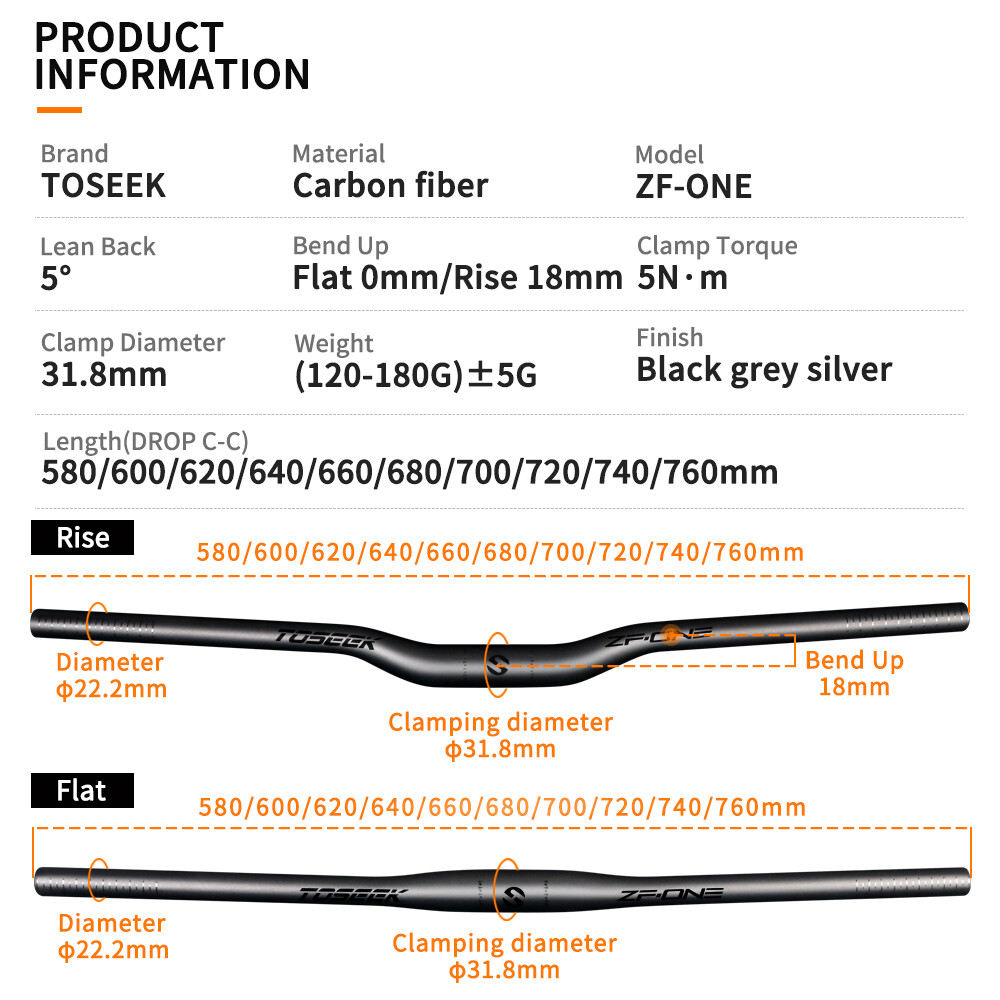 TOSEEK Carbon Bicycle Handlebar Mountain Bike Flat Bar Rise Bar 31.8*600-760mm