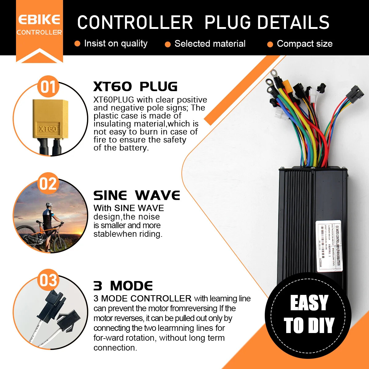 E-Bike Sine Wave 17A26A30A40A Controller 24V-52V 250W-2000W Motor + LCD Display