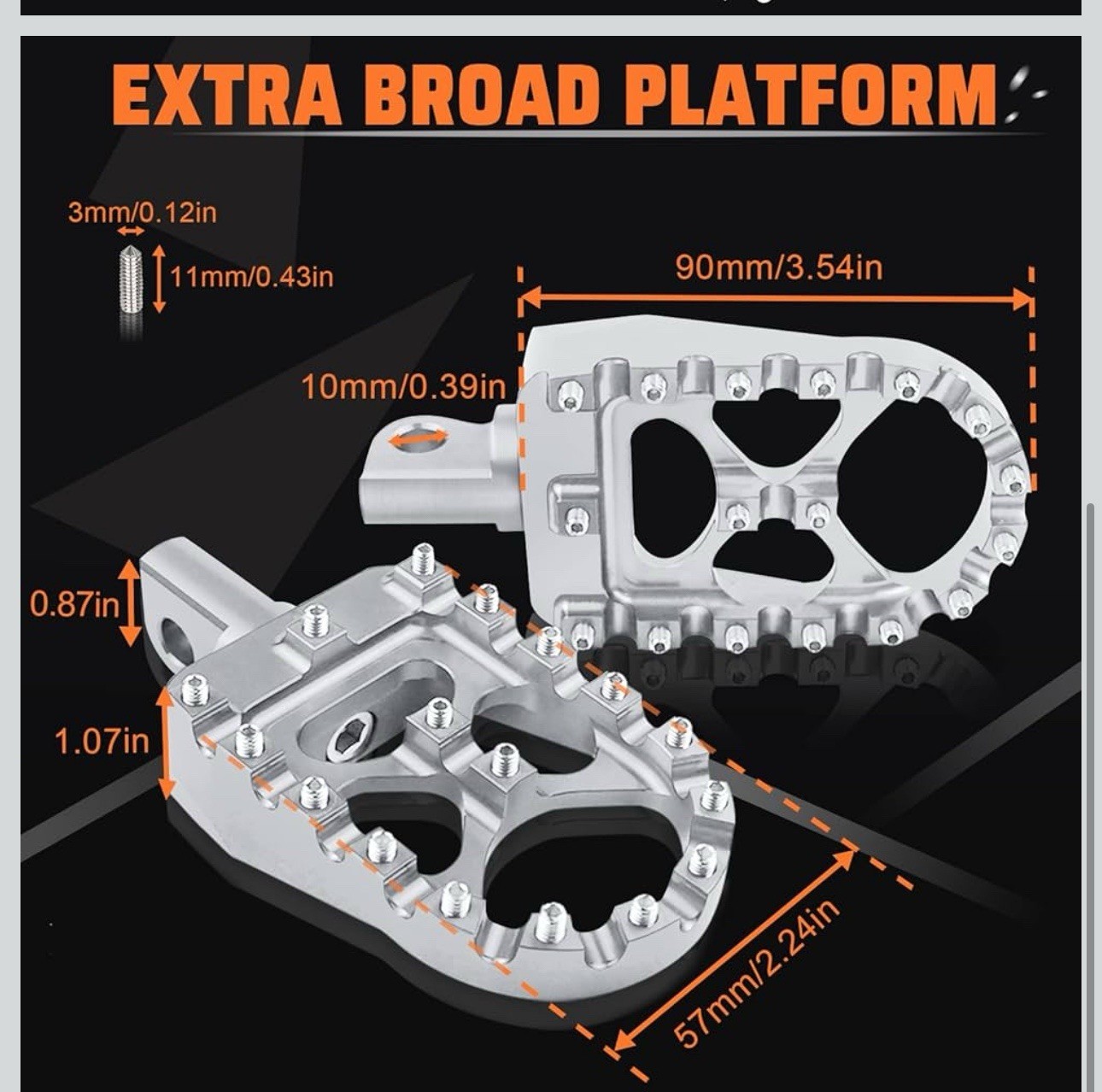 CNC Wide Fat Footpegs 360° Roating MX Foot Pegs Chopper Bobber Style Silver