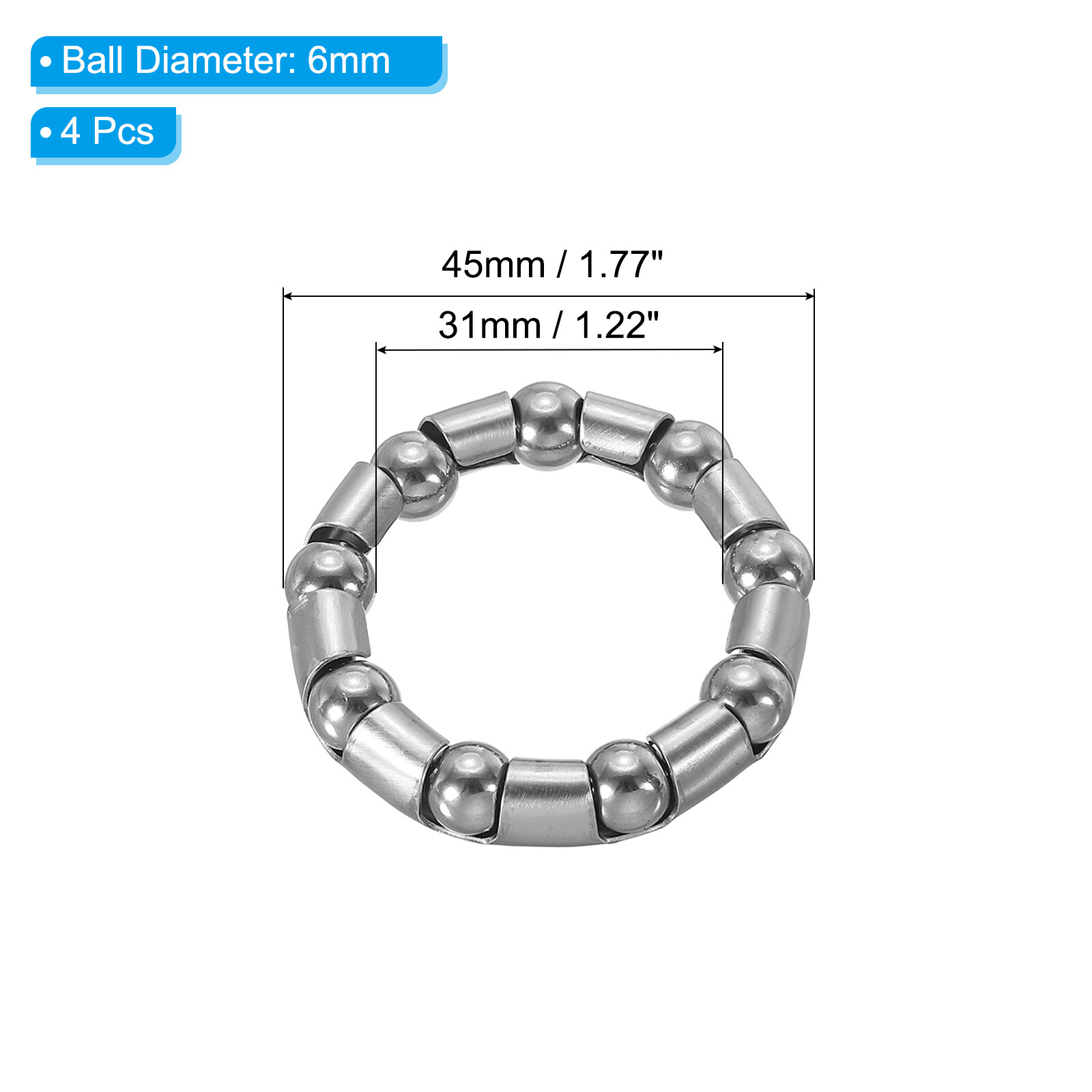 Bike Ball Crank Bearing 45mm x 9 Balls, 4 Pack Bicycle Bearings, Silver