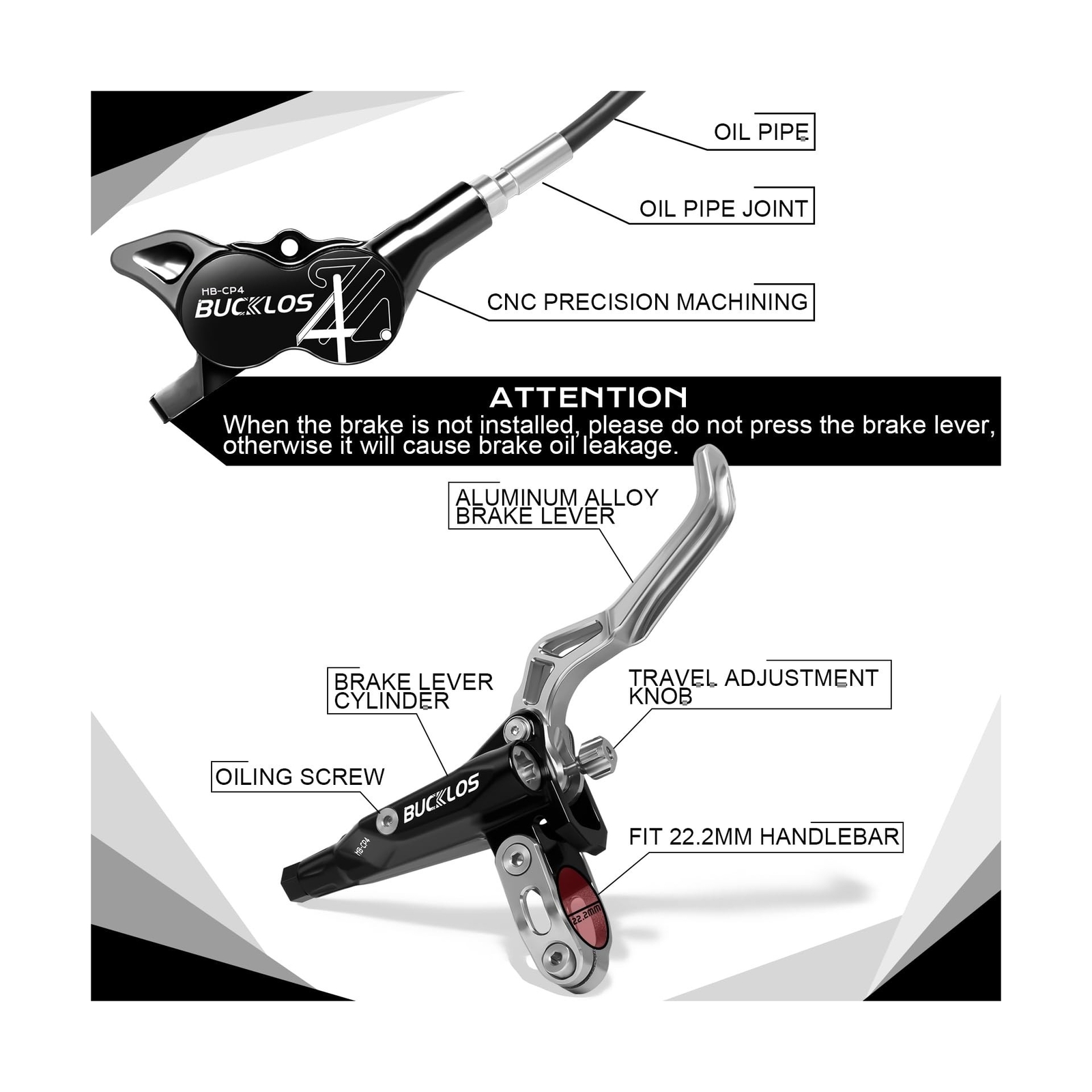 BUCKLOS MTB Hydraulic Disc Brake Set 4 Pistons Front 850mm and Rear 1550mm Hy…